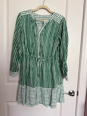 LOFT Green and White Striped Mini Dress
